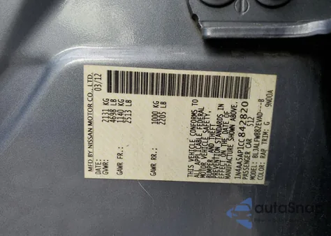 2012 Nissan Maxima S z USA, uszkodzony, nr VIN 1N4AA5AP1CC842820